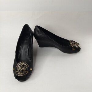 Tory Burch Amanda Peep Toe Wedge Black Pebbled Leather Heels Shoes Size 7 Preppy